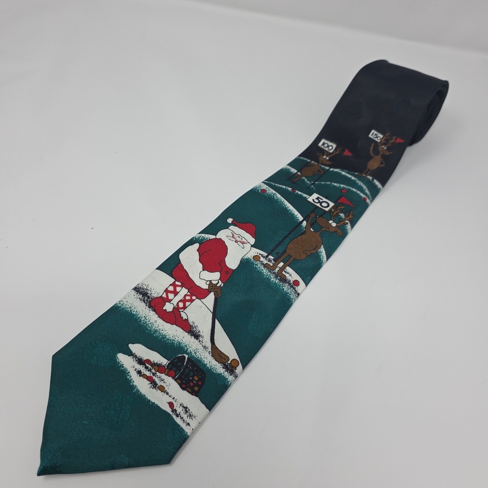 Hallmark‎ Yule Tie Greetings Necktie Mens OS Green Santa Golf Reindeer Christmas